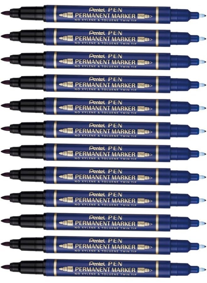 Pentel N75W-C Permanent Marker Twin Tip, Blue Ink, Pack of 12 - Image 1